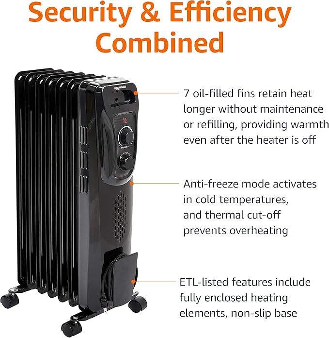 Amazon Basics Portable Oil Radiator Heater for Indoor Use, 3 Heat Settings, Over-Heat Protection, ETL-certified Safety, 7 Oil-Filled Steel Fins, 1500W, 11"D x 14.8"W x 25.2"H, Black