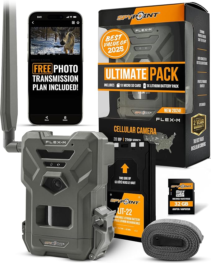 SPYPOINT Flex-M and SD Card Pack with LIT22 - Cellular Trail Cameras | Best Value in Hunting Accessories |No WiFi Needed & GPS-Enabled |Hunting Night Vision | IP65 Waterproof