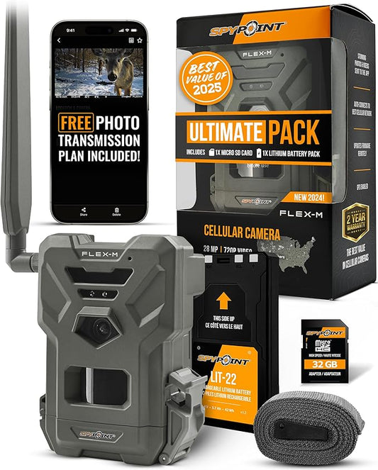 SPYPOINT Flex-M and SD Card Pack with LIT22 - Cellular Trail Cameras | Best Value in Hunting Accessories |No WiFi Needed & GPS-Enabled |Hunting Night Vision | IP65 Waterproof