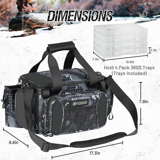 X Strike Fishing Bag - Waterproof Storage with 4 3600 Tackle Box, Saltwater & Freshwater Shoulder Bag for Camping, Hunting, Hiking, Travel