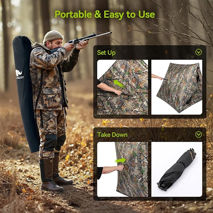 Rhino Valley Hunting Blind 270° See Through, Pop Up Hunting Tent with Double Opening, Portable Resilient Ground Blinds with Silent Magnetic Door & Sliding Windows