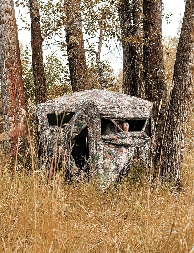 TIDEWE See Through Blind 270°with Silent Magnetic Door & Sliding Windows, 2-3 Person Pop Up Ground Blind with Carrying Bag, 300D Portable Resilient Tent(Camouflage & Veil Rush)