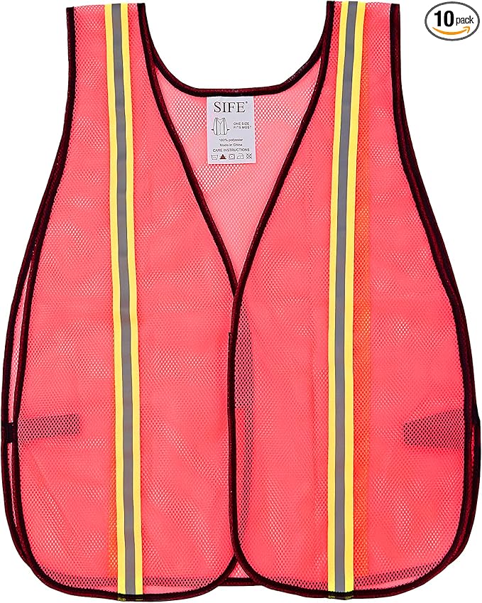 SIFE 10 Pack High Visibility Reflective Safety Vest,Made from Breathable and Neon Pink Mesh Fabric,light weight for Man and Woman(Pink,10 pack)