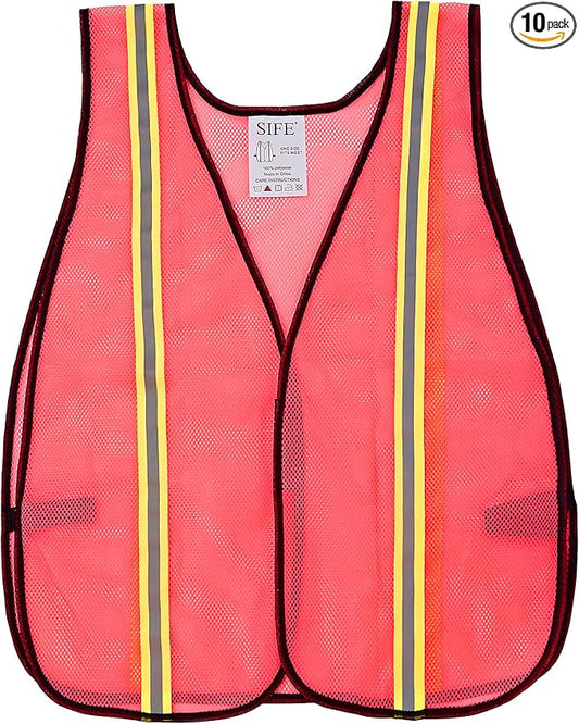 SIFE 10 Pack High Visibility Reflective Safety Vest,Made from Breathable and Neon Pink Mesh Fabric,light weight for Man and Woman(Pink,10 pack)