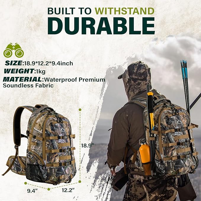 600D Waterproof Hunting Backpack for Men, 30L Camo Hunting Pack with Bow Holder
