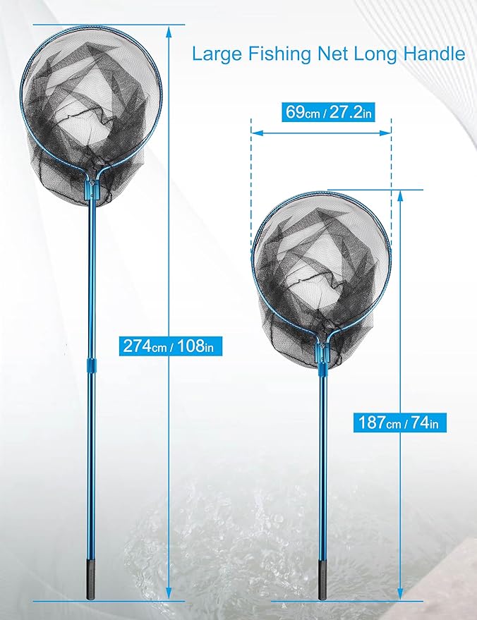 Hlotmeky Large Fishing Nets for Saltwater Fishing Net Long Handle Extra Large Rubber Net Telescoping Handle Heavy Duty Aluminum Fish Nets, Extends to 74-108in, Net Hoop 29x27in, 37in Deep
