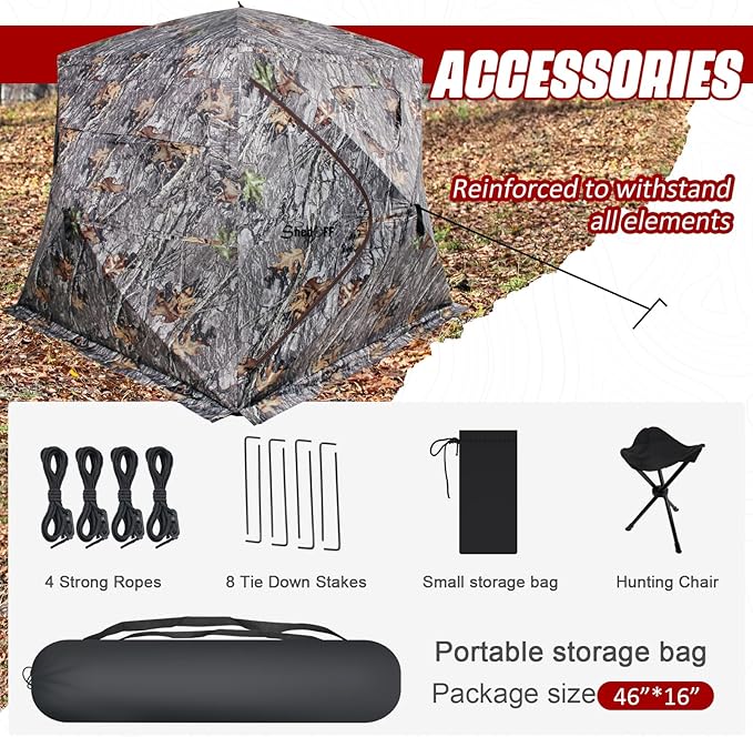Wide Bottom Hunting Blind 3/4 Person with Portable Chair, 270 Degree See Through Pop up Ground Blinds for Deer Turkey Duck Hunting, Bow Hunting Adjust Windows with Silent Zipper