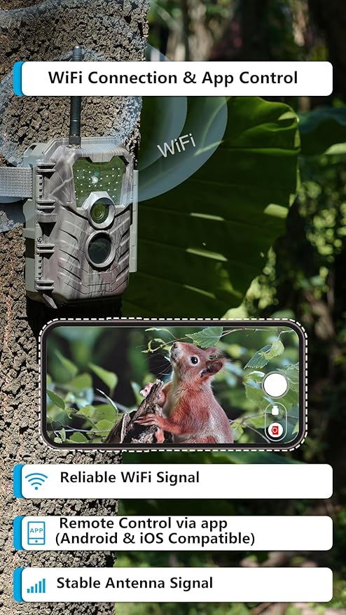 Trail Camera P90 Pro, WiFi Bluetooth, Super-Low-Light Sensitivity, 120° View Angle, 48MP 1296p, Night Vision, Motion Activated, Waterproof, Live Stream to Cell Phone for Hunting Game Cameras
