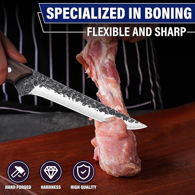 TAN REN Boning Knife Set, 6PCS Butcher Knife Set for Meat Cutting, Hand Forged Skinning Set with Sharpening Rod, High Carbon Steel Meat Trimming Knife for Kitchen & Outdoor Hunting Knife for Men