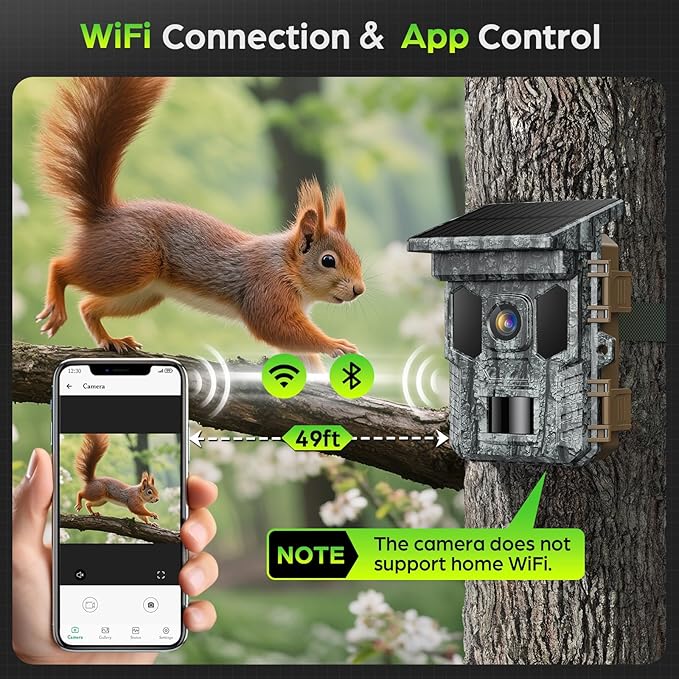 WiFi Trail Camera Solar, 4K 64MP Game Cam with Night Vision Motion Activated Waterproof IP66, 0.2s Trigger Trail Cam with 850nm Low Glow Infrared LEDs, Wildlife Camera with 32GB SD Card