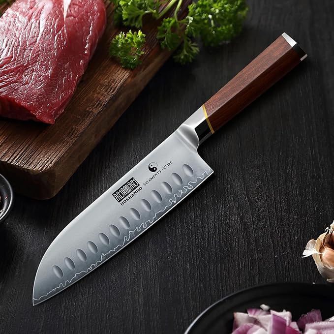 7 Inch Santoku Knife，Professional Japanese High Carbon Steel Chef Knife, Razor Sharp Kitchen Knife with Ergonomic Red Sandal Wooden Handle - Gift Box