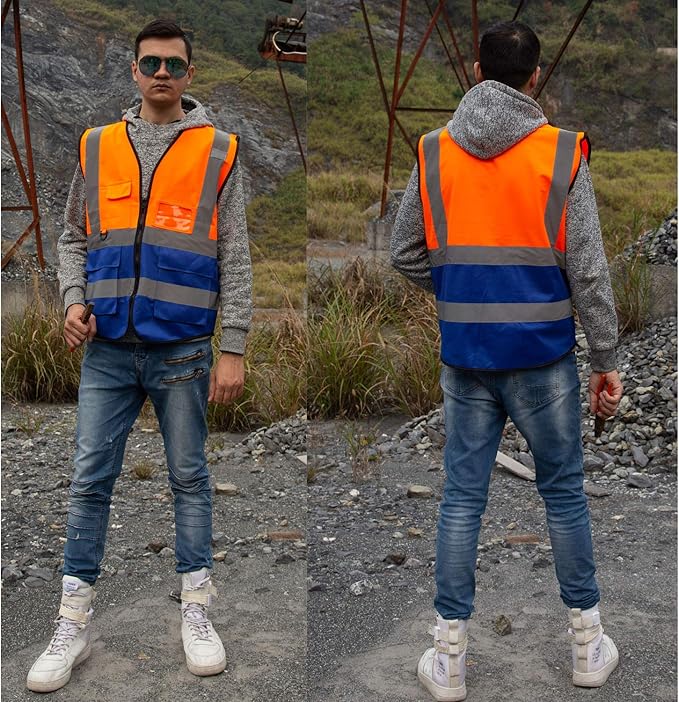 zojo High Visibility Safety Vests With Pockets, Pack of 10,Wholesale Reflective Vest for Outdoor Works, Cycling, Jogging, Walking,Sports - Fits for Men and Women(2XL-Mix Orange & Blue)
