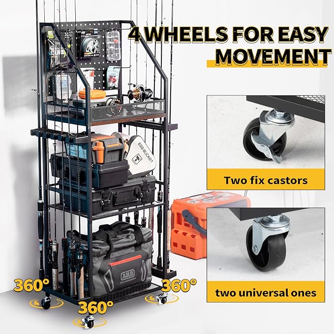 SOYEEZE Fishing Rod Holder,Fishing Pole Holders for Garage,Fishing Pole Rack for 12 Rods,Fishing Gear Equipment Organizer,Fishing Storage Cart Tackle Box/Reels/Bags with Wheels,Basement or Indoor