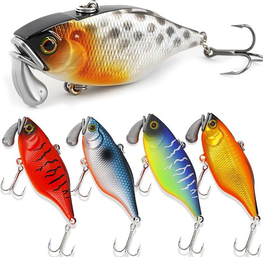 5pc Fishing Lures Large Hard Bait Minnow VIB Lure with Treble Hook Life-Like Swimbait Fishing Bait Popper Crankbait Vibe Sinking Lure for Bass Trout Walleye Redfish