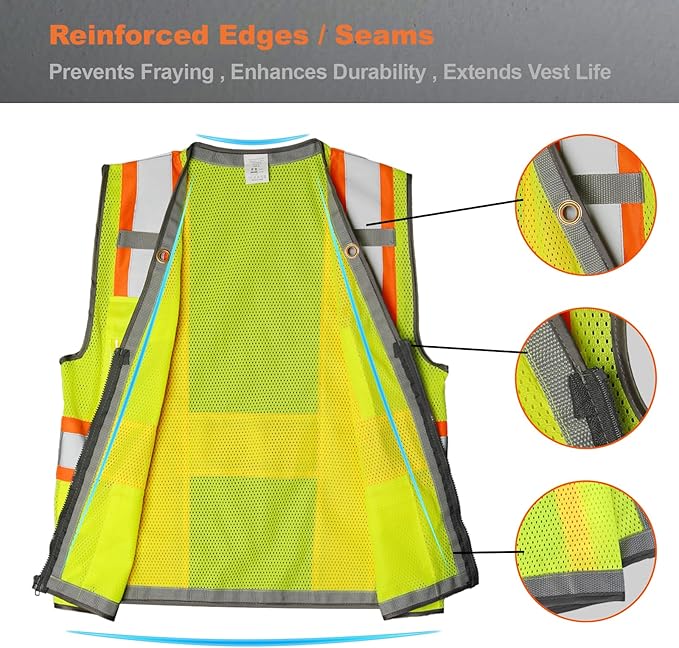 9 Pockets Class 2 High Visibility Reflective Safety Vest for Men, Mesh Hi Vis Construction Work Vest