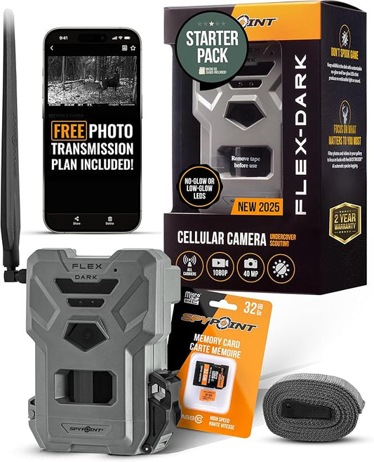 SPYPOINT Flex-Dark Starter Pack Cellular Trail Camera, 40MP Photos and 1080p Videos w/Sound, Double The Battery Capacity, GPS-Enabled, Dual-SIM LTE Connectivity, 100' Flash & Detection Range