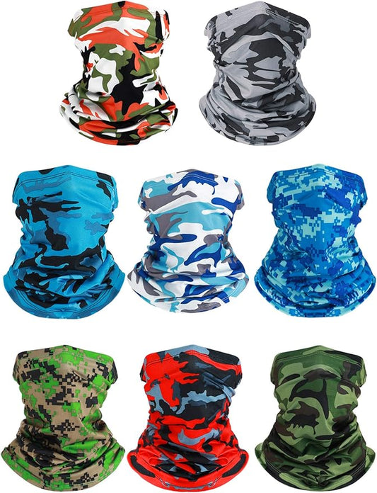 8 Pcs Summer Camo Neck Gaiter Scarf Bandanas for Men Sun Hoods Balaclava Cooling Breathable Face Mask Outdoor Sports (Camo Style, Camouflage Color)