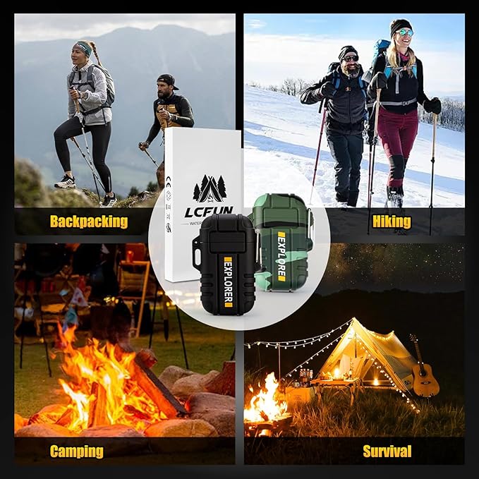 LcFun 2 Pack Outdoor Lighter Waterproof, Windproof Electric USB Rechargeable Dual Arc Plasma Lighter, Refillable Butane Torch Lighters, Survival Tactical Gear Gadgets for Men for Camping, Hiking
