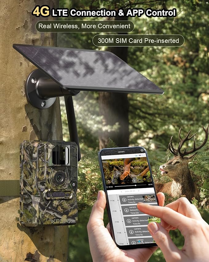 Xega 4G Solar Cellular Trail Camera with Live Feed, 2K GPS 7800mAh Wildlife Camera, No Glow 940nm Night Vision Motion Detection Instant Alarm 2-Way Audio Cloud/TF, Only Support The Build-in SIM Card