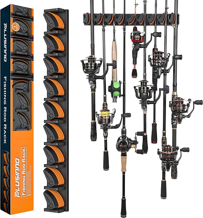PLUSINNO V9 Vertical Fishing Rod Holders, Wall Mounted Fishing Pole Holders, Fishing Rod Rack Holds Up to 9 Rods or Combos, Fishing Rod Holders for Garage, Fits Most Rods of Diameter 3-19mm