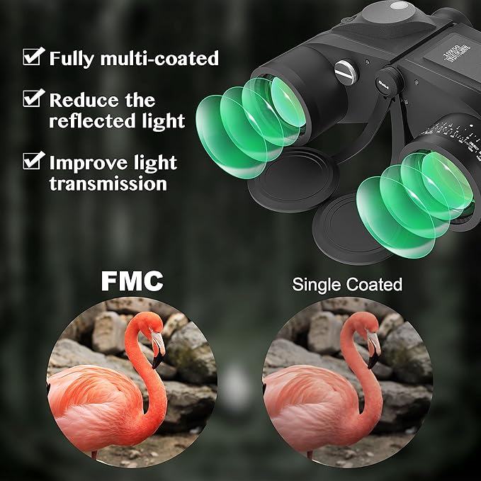 Aomekie 10x50 Binoculars for Adults Marine Military Binoculars Waterproof with Rangefinder Compass BAK4 Prism FMC Lens for Birdwatching Hunting Boating (10X50 Black)