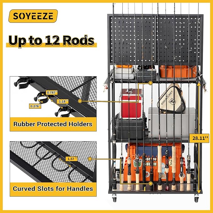 SOYEEZE Fishing Rod Holders for Garage,Fishing Pole Holder/Rack of Adjustable with Pegboard and Hooks, a Tackle Box,Lines,Lure Fishing Organizer, Stores Fishing Gear, up to 12 Rods,Fishing Gift