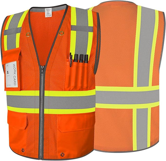 9 Pockets Class 2 High Visibility Reflective Safety Vest for Men, Mesh Hi Vis Construction Work Vest