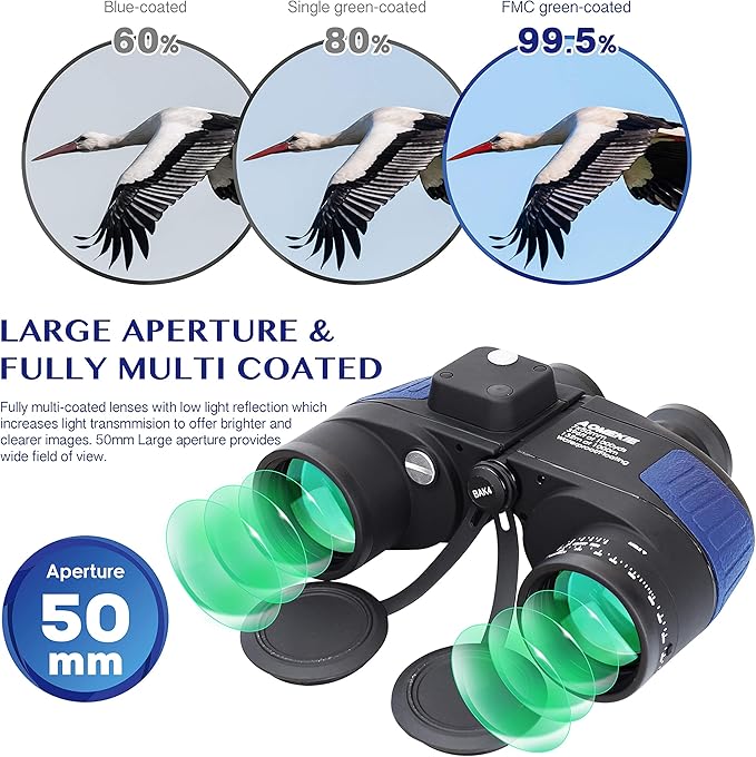 AOMEKIE 7X50 Marine Waterproof Binoculars for Adults with Illuminated Rangefinder Compass BAK4 IPX7 for Boating Military Navigation Hunting Fishing Water Sports