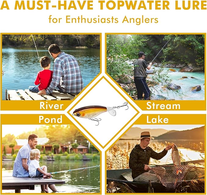 TRUSCEND PoPobait with BKK Hooks, Top Water Plopper Fishing Lures for Bass Walleye Pike Catfish Musky Perch, Floating Lure for Freshwater or Saltwater, Amazing Teasers Fishing Gifts for Family Fishing