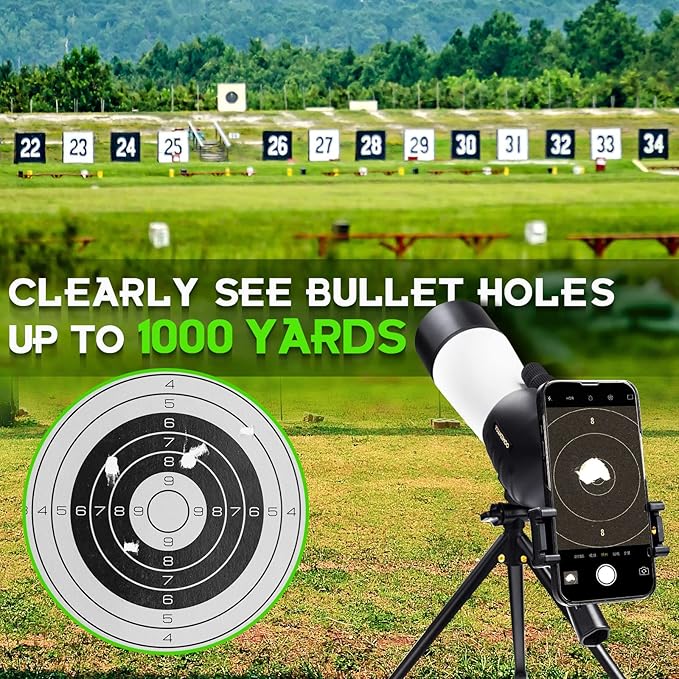 25-75x60 Spotting Scopes for Target Shooting Spotter Scope Hunting Bird Watching 45 Degree Angled with Tripod Carrying Bag Smartphone Adapter White