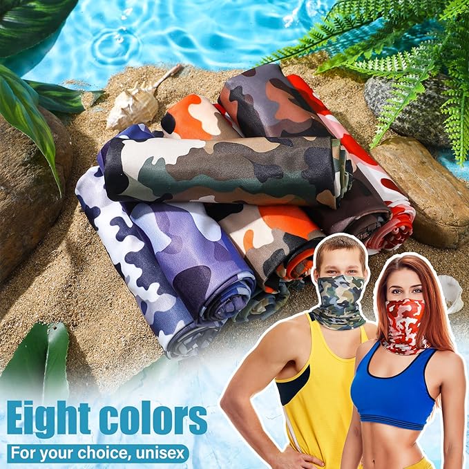 8 Pcs Summer Camo Neck Gaiter Scarf Bandanas for Men Sun Hoods Balaclava Cooling Breathable Face Mask Outdoor Sports (Novel Camo, Camouflage Color)