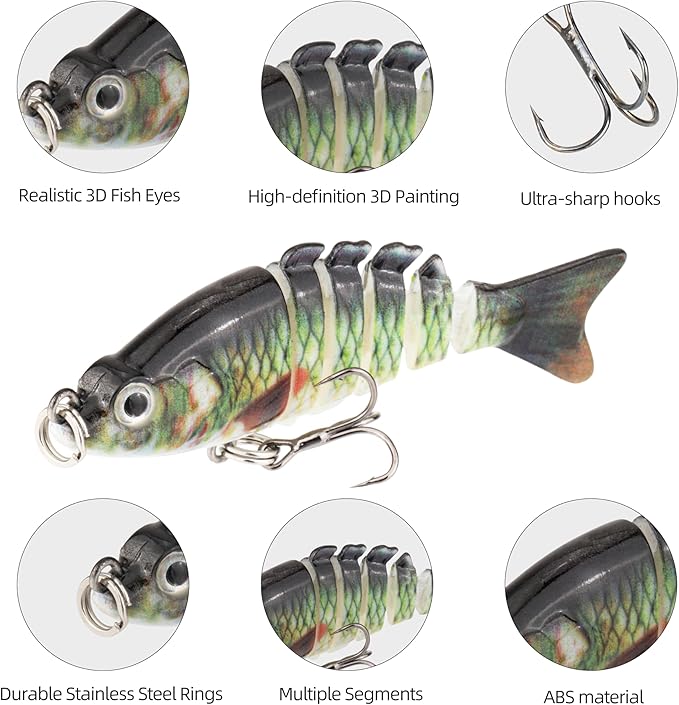 5PCS Lifelike Fishing Lures – Multi-Jointed Swimbait for Bass, Trout, Crappie, Walleye, Pike, Realistic Action with 3D Fish Eyes and Sharp Hooks, Perfect for Fishing Kits in Saltwater & Freshwater