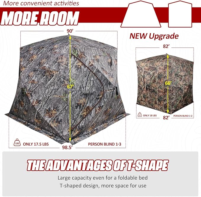 Wide Bottom Hunting Blind 3/4 Person with Portable Chair, 270 Degree See Through Pop up Ground Blinds for Deer Turkey Duck Hunting, Bow Hunting Adjust Windows with Silent Zipper