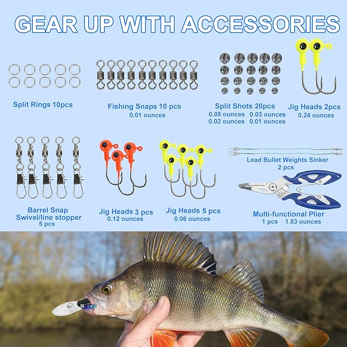 Fishing Lures Tackle Box Bass Kit, Including Animated Lure,Crankbaits,Spinnerbaits,Soft Plastic Worms, Topwater Lures,Hooks,Saltwater & Freshwater Fishing Gear for Bass,Trout, Salmon.