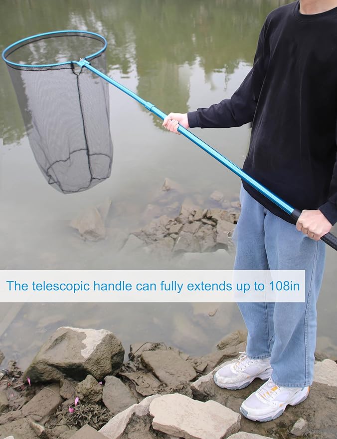 Hlotmeky Large Fishing Nets for Saltwater Fishing Net Long Handle Extra Large Rubber Net Telescoping Handle Heavy Duty Aluminum Fish Nets, Extends to 74-108in, Net Hoop 29x27in, 37in Deep