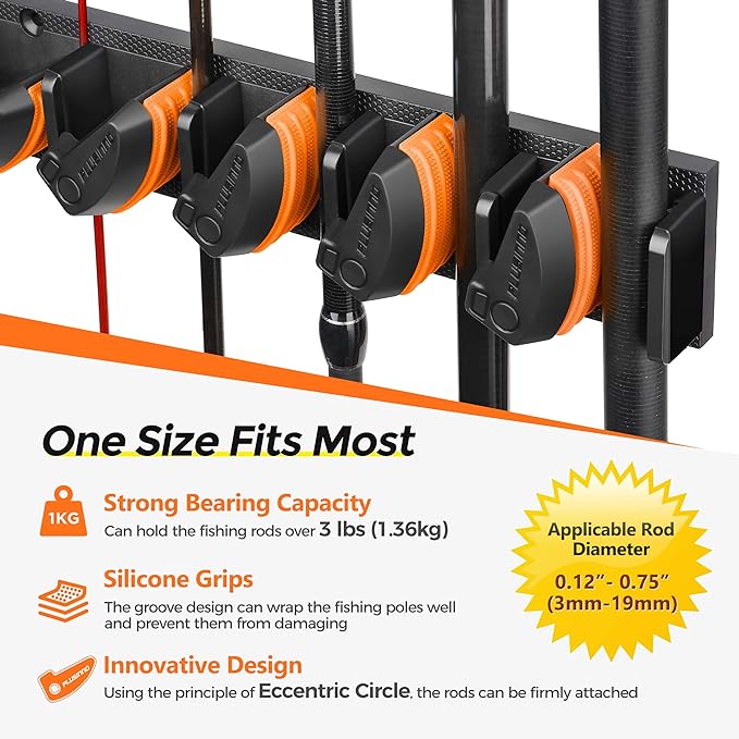 PLUSINNO V9 Vertical Fishing Rod Holders, Wall Mount 4-Pack - Holds 36 Rods, Diameter 3-19mm
