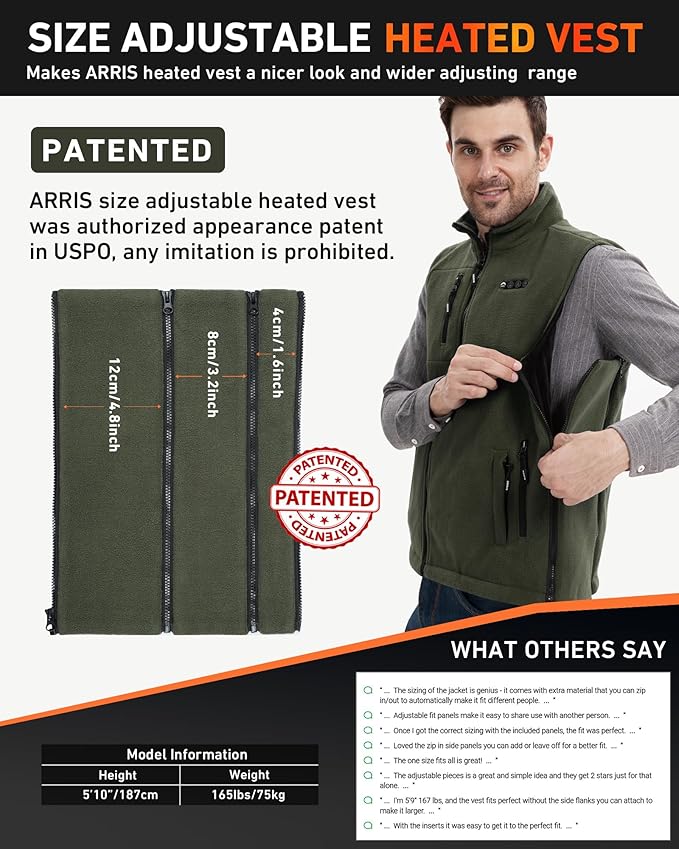 ARRIS Fleece Heated Vest for Men with Battery Pack Included, Size Adjustable 8 Heating Zones for Hunting