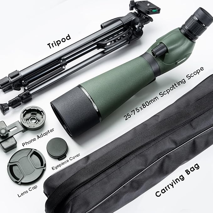 25-75x80 Spotting Scope with Upgraded Tripod Carrying Bag and Phone Adapter Spotter Scope for Target Shooting for Bird Watching Wildlife Viewing Green