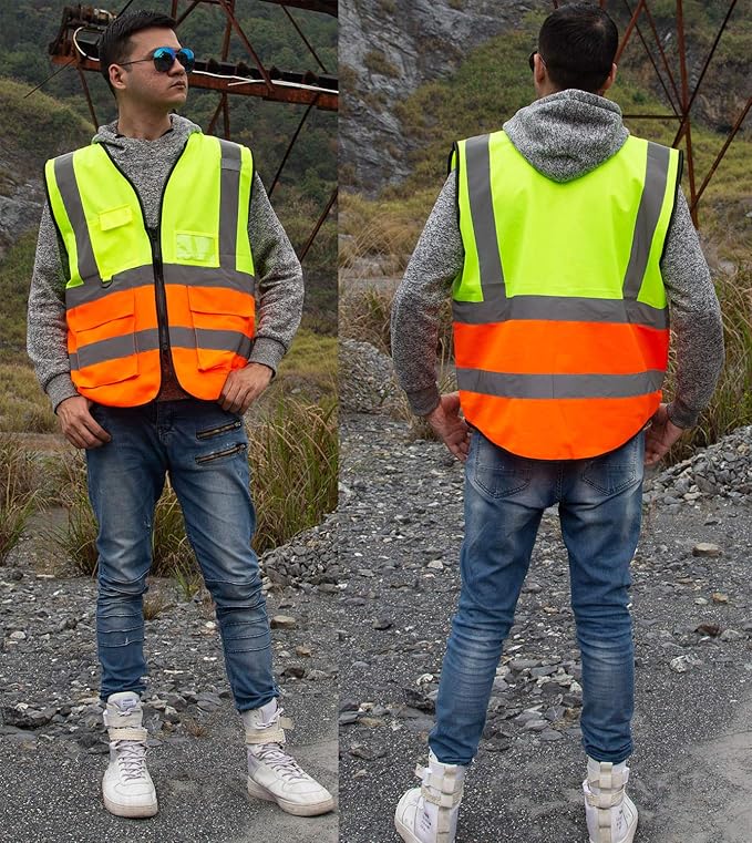 zojo High Visibility Safety Vests With Pockets, Pack of 10，Wholesale Reflective Vest for Outdoor Works, Cycling, Jogging, Walking,Sports - Fits for Men and Women (XL-Mix Yellow & Orange)