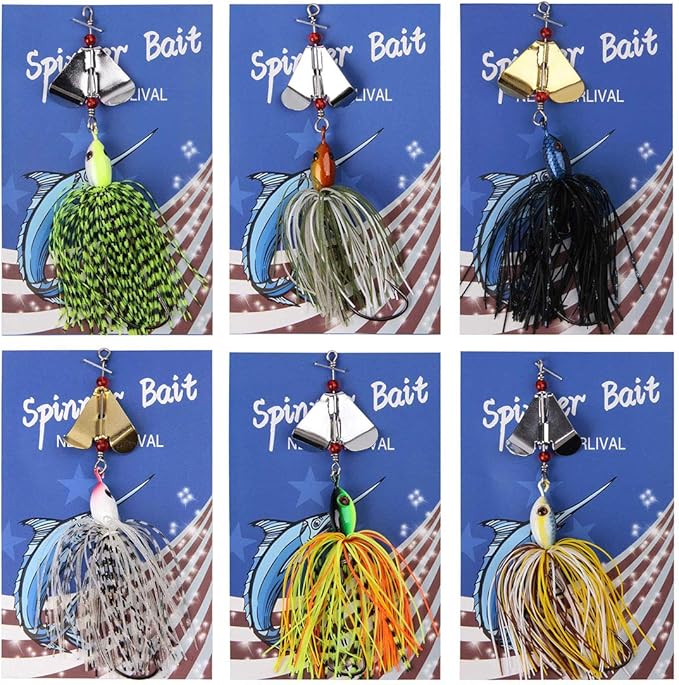 Spinnerbait Fishing Lures Kit Set, 6pcs Bass Fishing Buzzbait Multicolor Bass Trout Salmon Metal Spinner Baits Swim Jigs Freshwater Saltwater Fishing