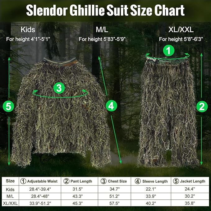Slendor 5 in 1 Ghillie Suit, 3D Camouflage Hunting Camo Hunting Clothes, Suitable for Unisex Adults/Youth (S/M/L/XL/XXL)