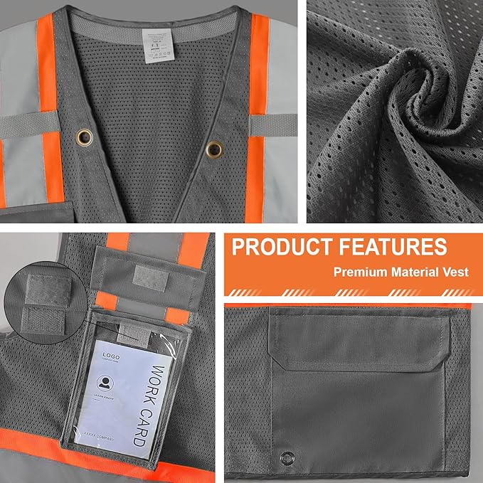 9 Pockets Class 2 High Visibility Reflective Safety Vest for Men, Mesh Hi Vis Construction Work Vest