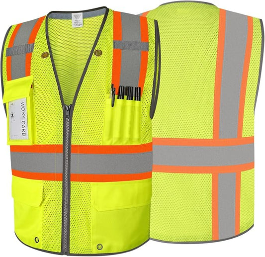 9 Pockets Class 2 High Visibility Reflective Safety Vest for Men, Mesh Hi Vis Construction Work Vest