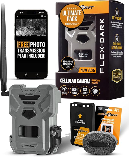SPYPOINT Flex-Dark Ultimate Pack with SD Card + LIT-22 - Cellular Trail Camera, 40MP Photos, 1080p Video + Sound, No-Glow Game Camera, Hunting Night Vision, Motion Activated,100ft Detection