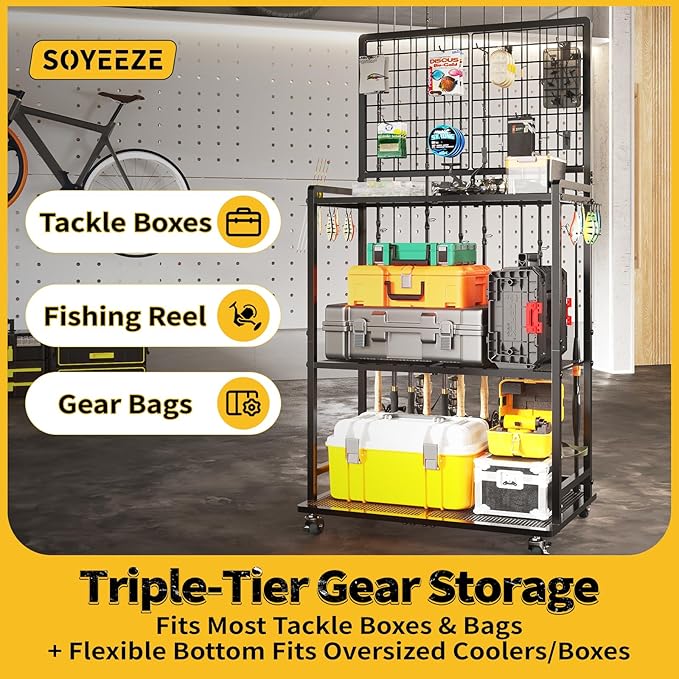 SOYEEZE Fishing Rod Holder for Garage, Fishing Pole Holders with Wire Panels and Free DIY Hooks, Store Up to 12 Rods, Large Storage Space with Wheels for Fishing Supplies, Best Fsihing Gifts for Man
