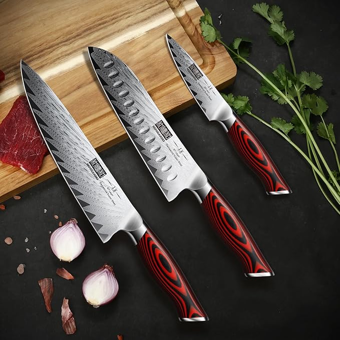 3 Pieces Damascus Kitchen Knife Set Ultra-Sharp Knives Set, Professional Chef Knife Set With G10 Ergonomic Handle,Gift Box