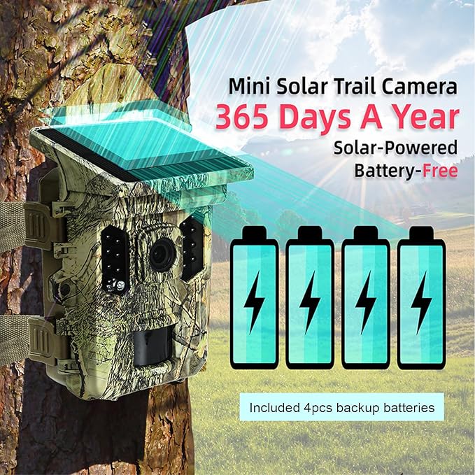 Solar Trail Camera 32MP 30FPS 2.7K Video,WiFi Bluetooth Hunting Camera with Motion Activated 0.2s Trigger, Night Vision Motion 64GB Card,Bracket,4PCS Battery,IP66 Waterproof for Wildlife Scouting