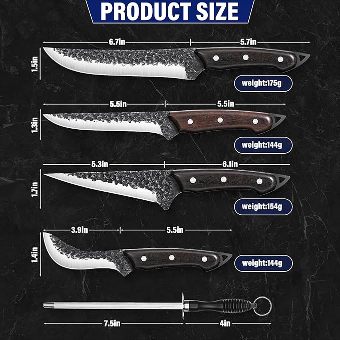 TAN REN Boning Knife Set, 6PCS Butcher Knife Set for Meat Cutting, Hand Forged Skinning Set with Sharpening Rod, High Carbon Steel Meat Trimming Knife for Kitchen & Outdoor Hunting Knife for Men