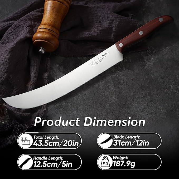 TAN REN Butcher Brisket Knife for Meat Carving, 12 Inch Cimeter Meat Slicing Knife with Wood Handle, Full Tang Breaking Knives for BBQ and Turkey