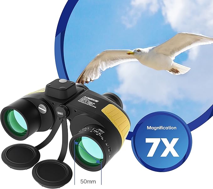 AOMEKIE Marine Binoculars for Adults 7X50 Military Waterproof Binoculars with Illuminated Rangefinder Compass BAK4 Prism IPX7 Fogproof for Boating Navigation Hunting Fishing Water Sports